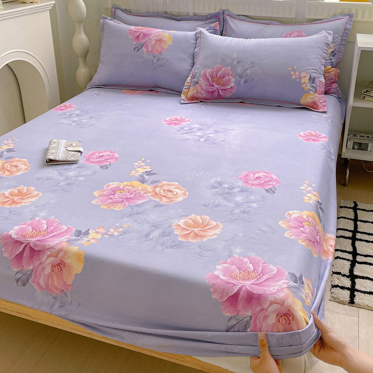 91家纺网 家纺一手货源 找家纺 纽缦家纺 2025新款全棉纯棉磨毛印花单床笠 床笠单件 吉娜风情蓝