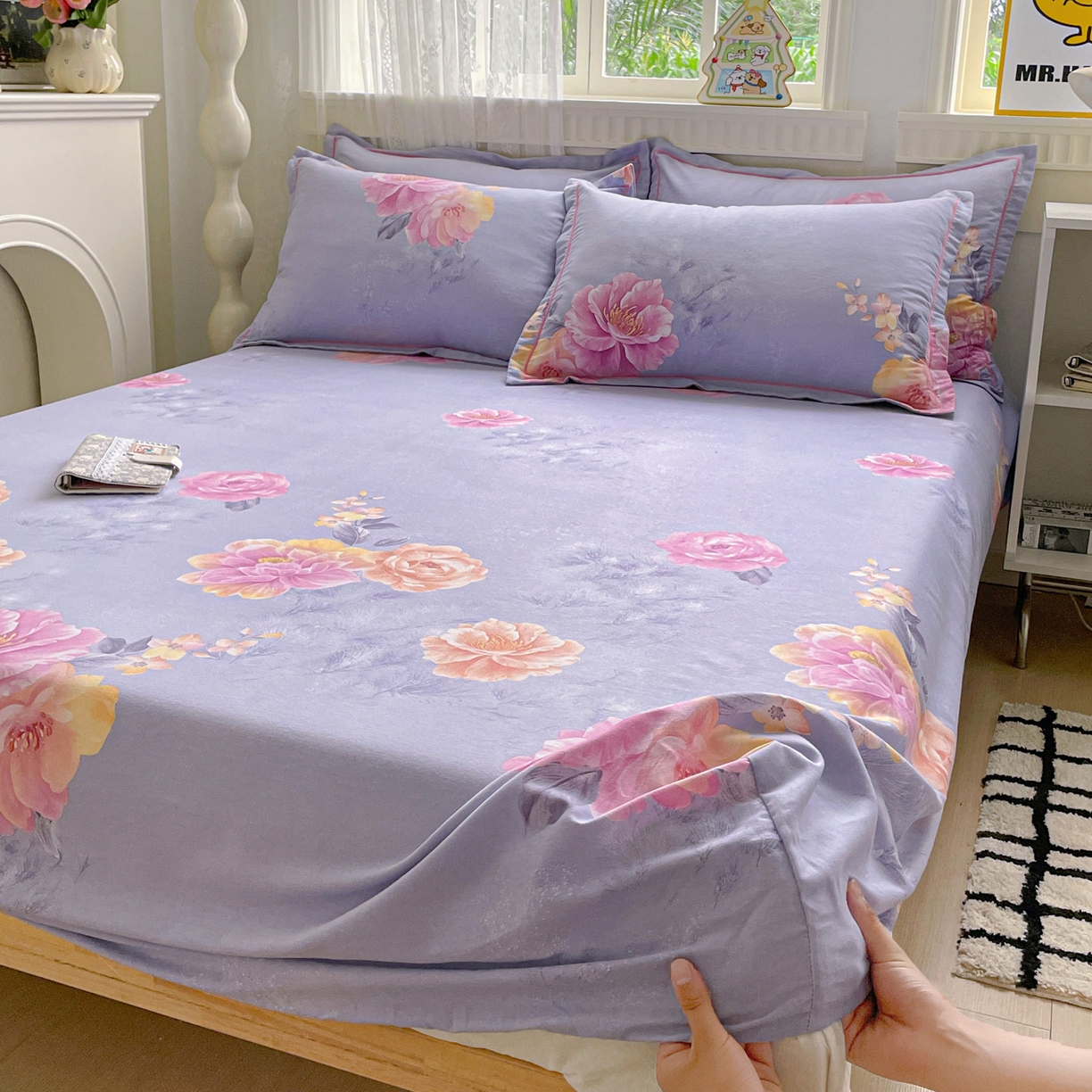 91家纺网 家纺一手货源 找家纺 纽缦家纺 2025新款全棉纯棉磨毛印花单床笠 床笠单件 吉娜风情蓝