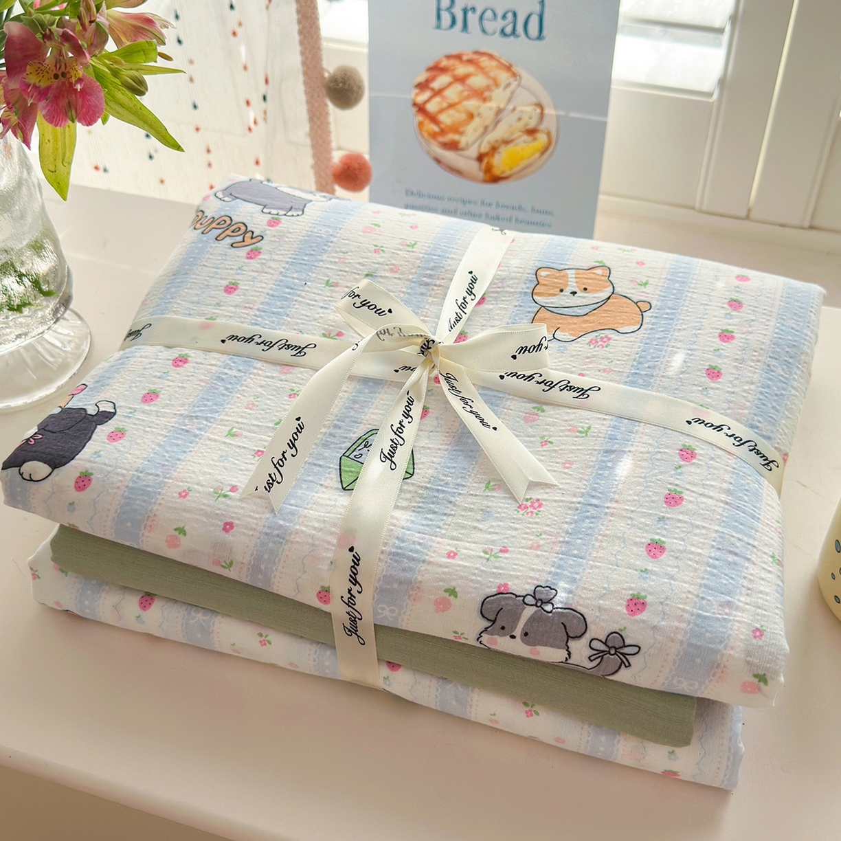 91家纺网 家纺一手货源 找家纺 沐芷 2025 A类木棉双层纱简约风床上四件套柔软手感宿舍三件套 可爱贝贝