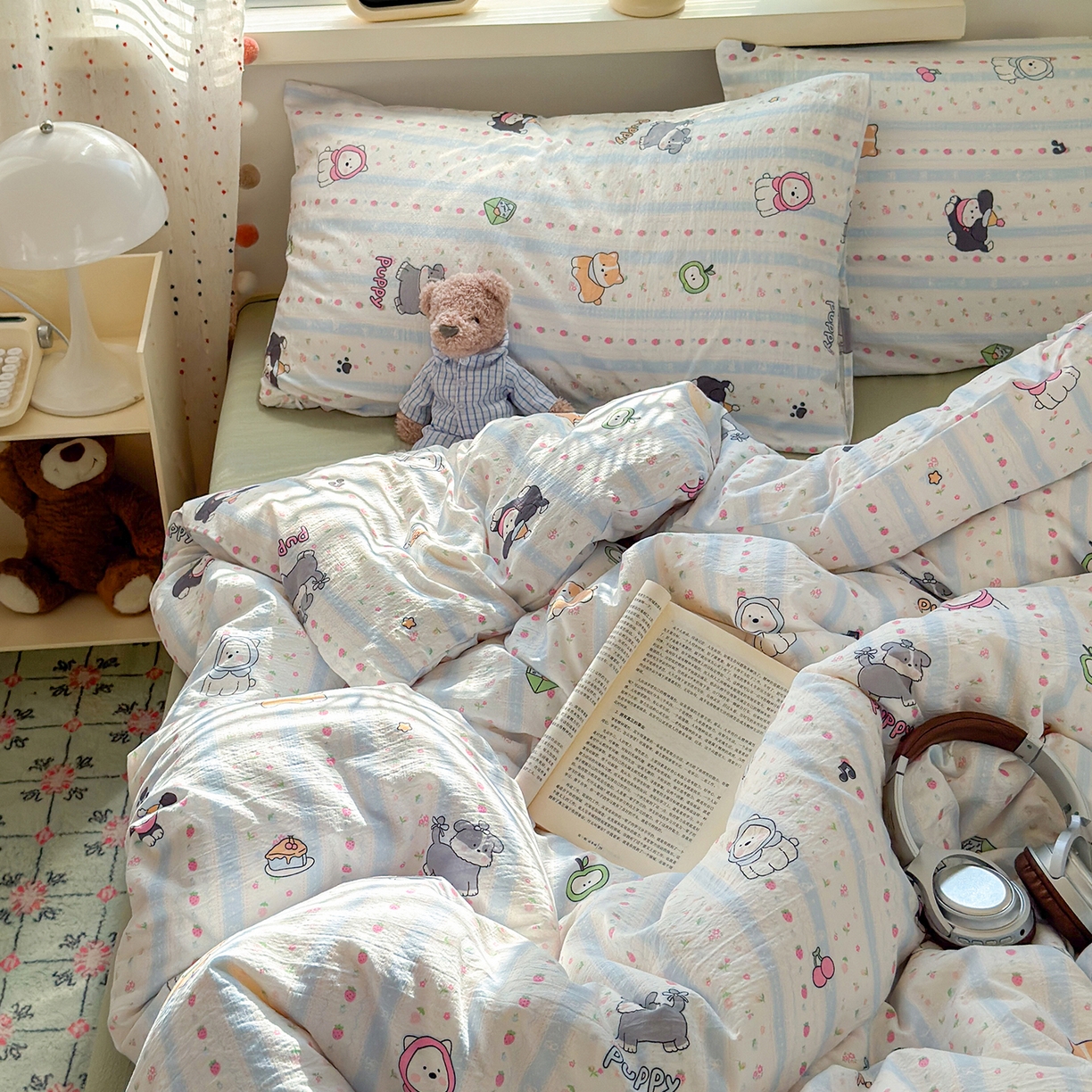 91家纺网 家纺一手货源 找家纺 沐芷 2025 A类木棉双层纱简约风床上四件套柔软手感宿舍三件套 可爱贝贝