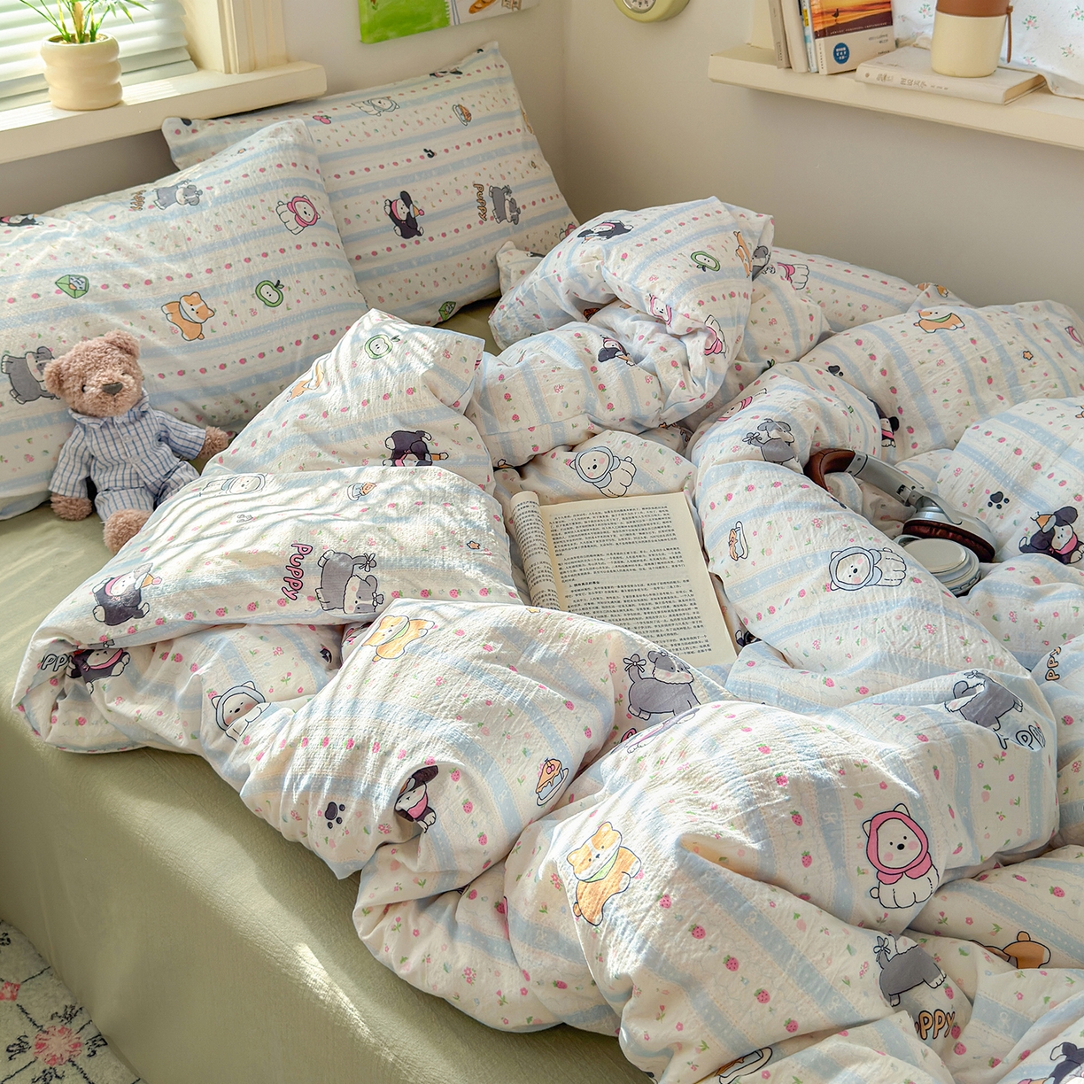 91家纺网 家纺一手货源 找家纺 沐芷 2025 A类木棉双层纱简约风床上四件套柔软手感宿舍三件套 可爱贝贝