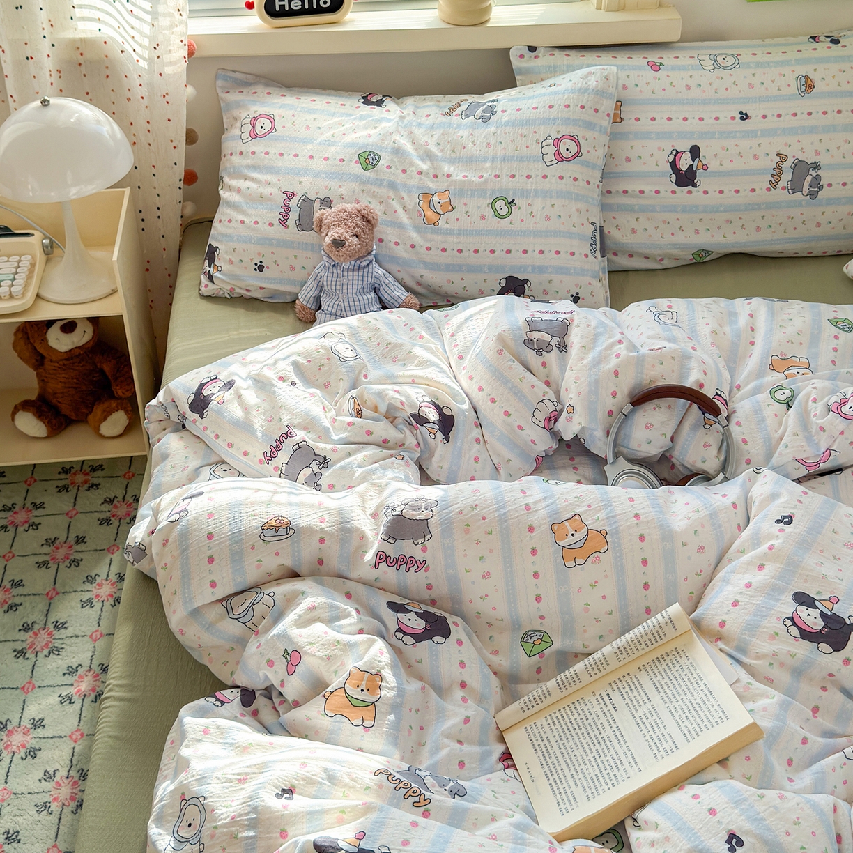 91家纺网 家纺一手货源 找家纺 沐芷 2025 A类木棉双层纱简约风床上四件套柔软手感宿舍三件套 可爱贝贝