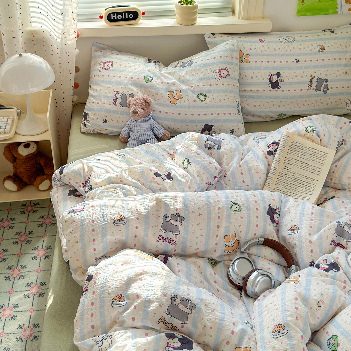 91家纺网 家纺一手货源 找家纺 沐芷 2025 A类木棉双层纱简约风床上四件套柔软手感宿舍三件套 可爱贝贝