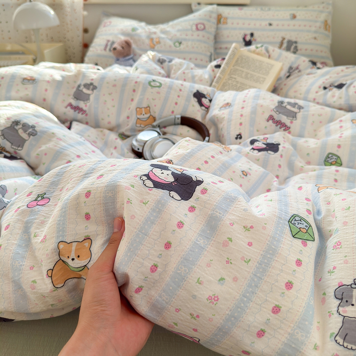 91家纺网 家纺一手货源 找家纺 沐芷 2025 A类木棉双层纱简约风床上四件套柔软手感宿舍三件套 可爱贝贝