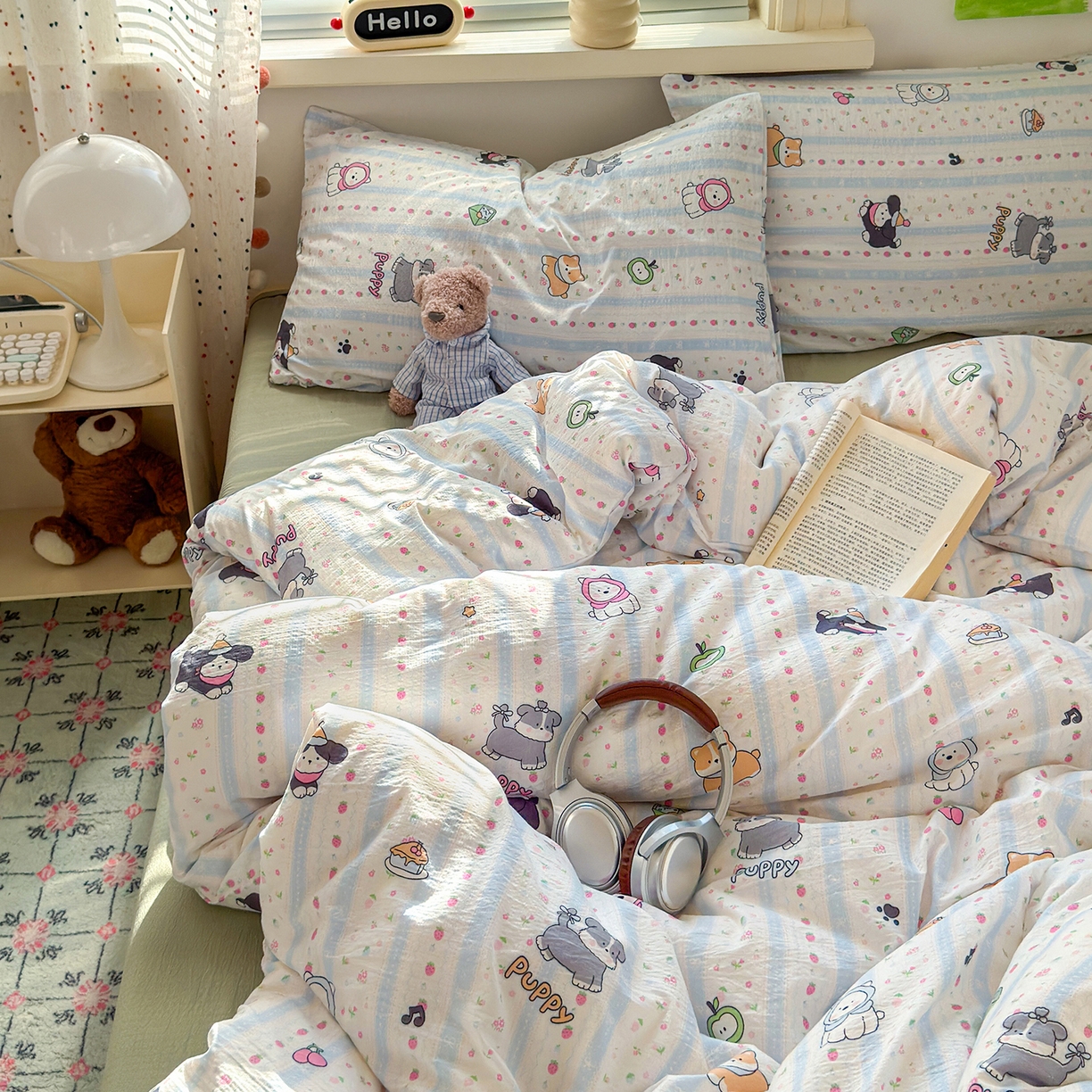 91家纺网 家纺一手货源 找家纺 沐芷 2025 A类木棉双层纱简约风床上四件套柔软手感宿舍三件套 可爱贝贝