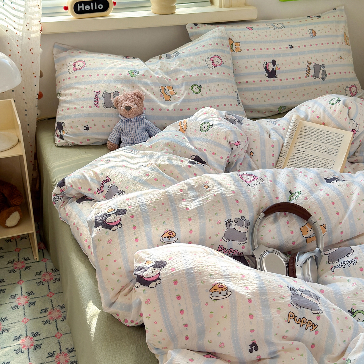 91家纺网 家纺一手货源 找家纺 沐芷 2025 A类木棉双层纱简约风床上四件套柔软手感宿舍三件套 可爱贝贝