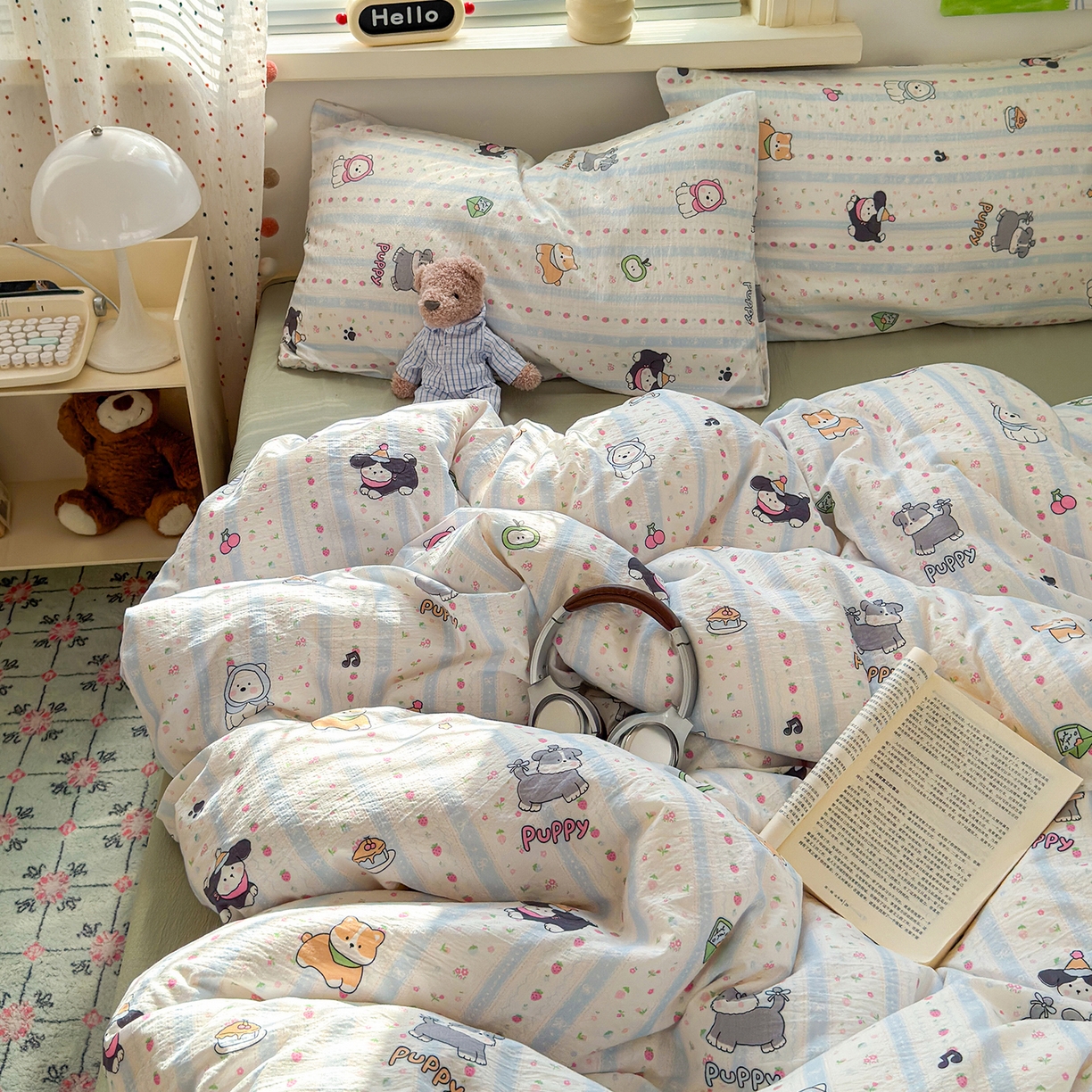 91家纺网 家纺一手货源 找家纺 沐芷 2025 A类木棉双层纱简约风床上四件套柔软手感宿舍三件套 可爱贝贝