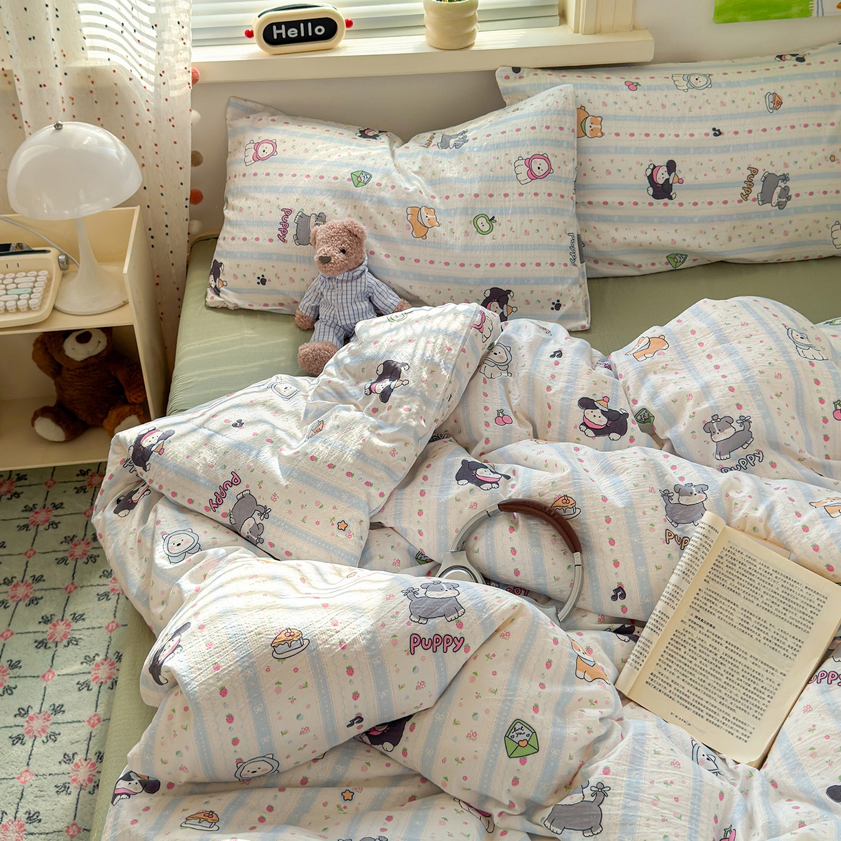 91家纺网 家纺一手货源 找家纺 沐芷 2025 A类木棉双层纱简约风床上四件套柔软手感宿舍三件套 可爱贝贝