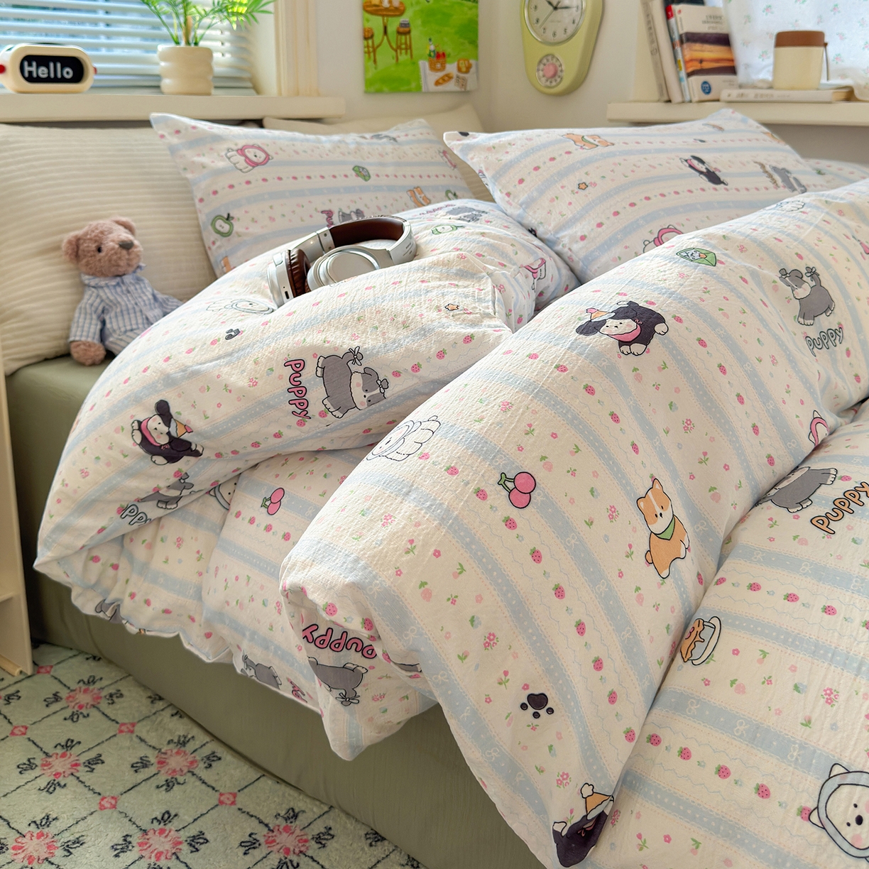 91家纺网 家纺一手货源 找家纺 沐芷 2025 A类木棉双层纱简约风床上四件套柔软手感宿舍三件套 可爱贝贝