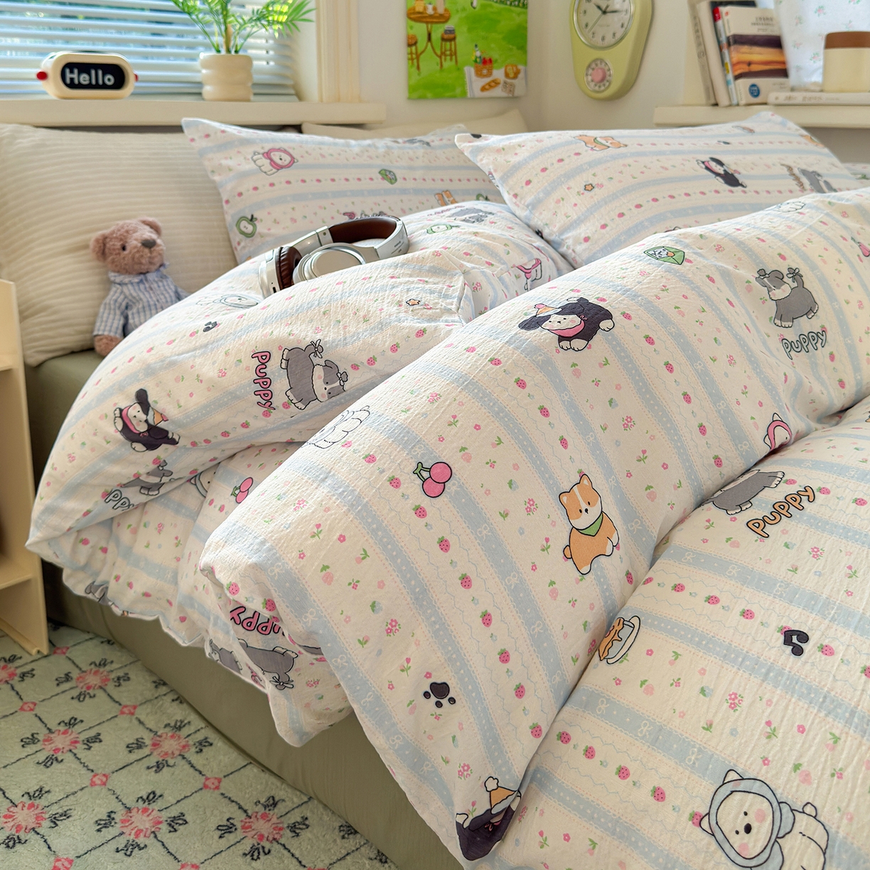 91家纺网 家纺一手货源 找家纺 沐芷 2025 A类木棉双层纱简约风床上四件套柔软手感宿舍三件套 可爱贝贝