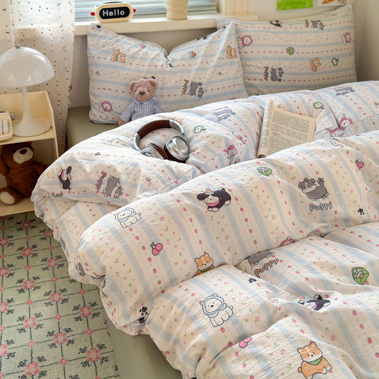 91家纺网 家纺一手货源 找家纺 沐芷 2025 A类木棉双层纱简约风床上四件套柔软手感宿舍三件套 可爱贝贝