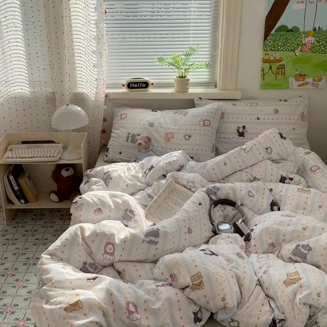 91家纺网 家纺一手货源 找家纺 沐芷 2025 A类木棉双层纱简约风床上四件套柔软手感宿舍三件套 可爱贝贝