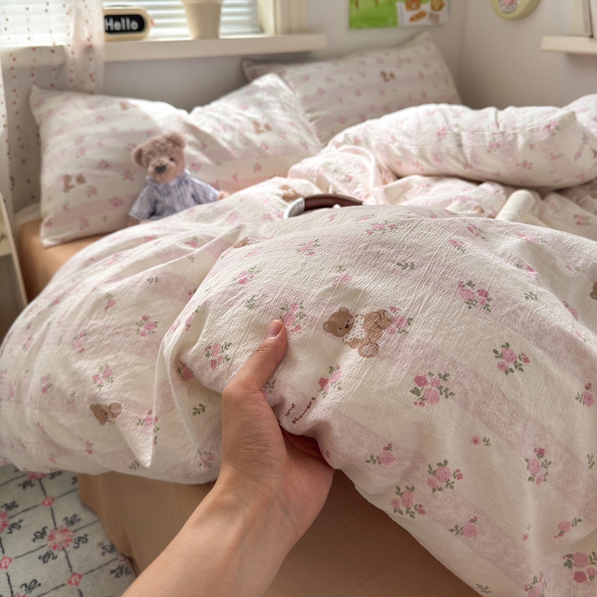 沐芷 2025 A类木棉双层纱简约风床上四件套柔软手感宿舍三件套 玫瑰熊