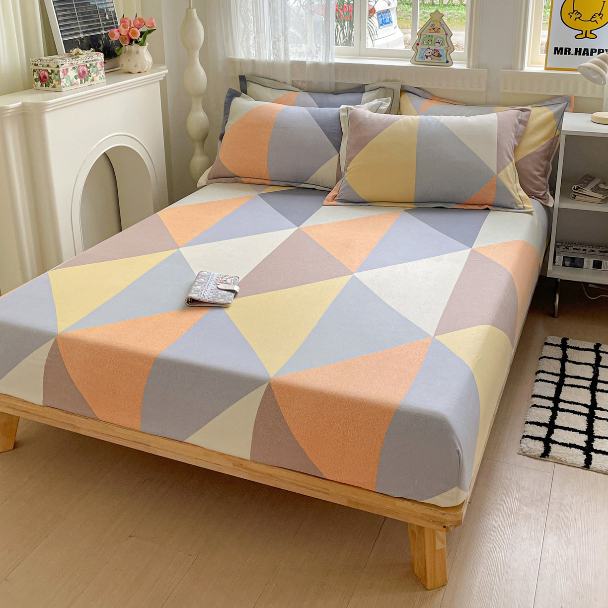 91家纺网 家纺一手货源 找家纺 纽缦家纺 2025新款全棉纯棉磨毛印花单床笠 床笠单件 几何神话桔