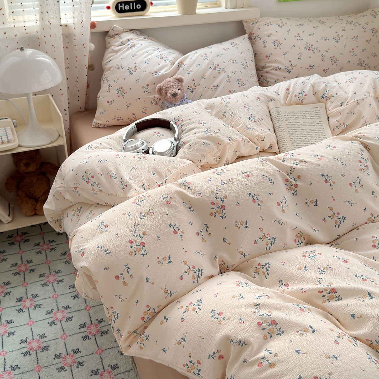 91家纺网 家纺一手货源 找家纺 沐芷 2025 A类木棉双层纱简约风床上四件套柔软手感宿舍三件套 梦里花园