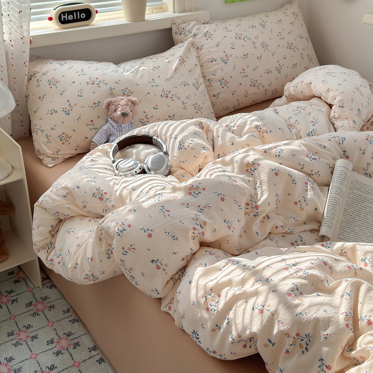 91家纺网 家纺一手货源 找家纺 沐芷 2025 A类木棉双层纱简约风床上四件套柔软手感宿舍三件套 梦里花园