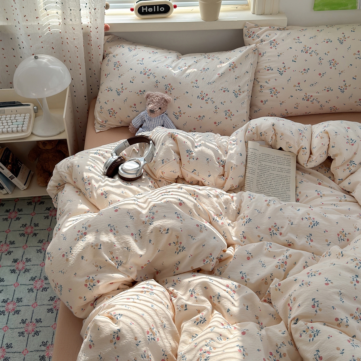 91家纺网 家纺一手货源 找家纺 沐芷 2025 A类木棉双层纱简约风床上四件套柔软手感宿舍三件套 梦里花园