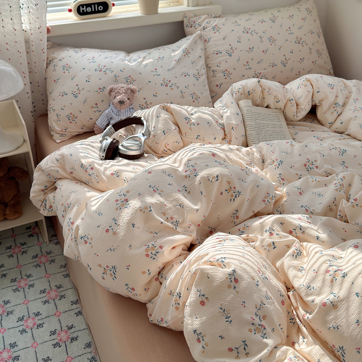 91家纺网 家纺一手货源 找家纺 沐芷 2025 A类木棉双层纱简约风床上四件套柔软手感宿舍三件套 梦里花园