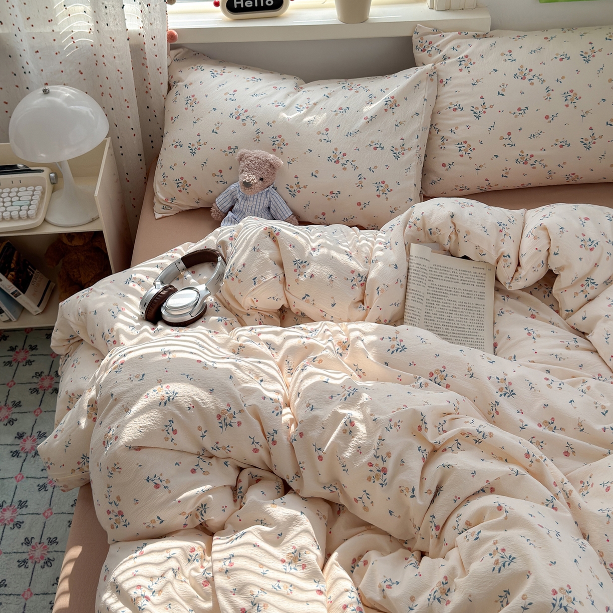 91家纺网 家纺一手货源 找家纺 沐芷 2025 A类木棉双层纱简约风床上四件套柔软手感宿舍三件套 梦里花园