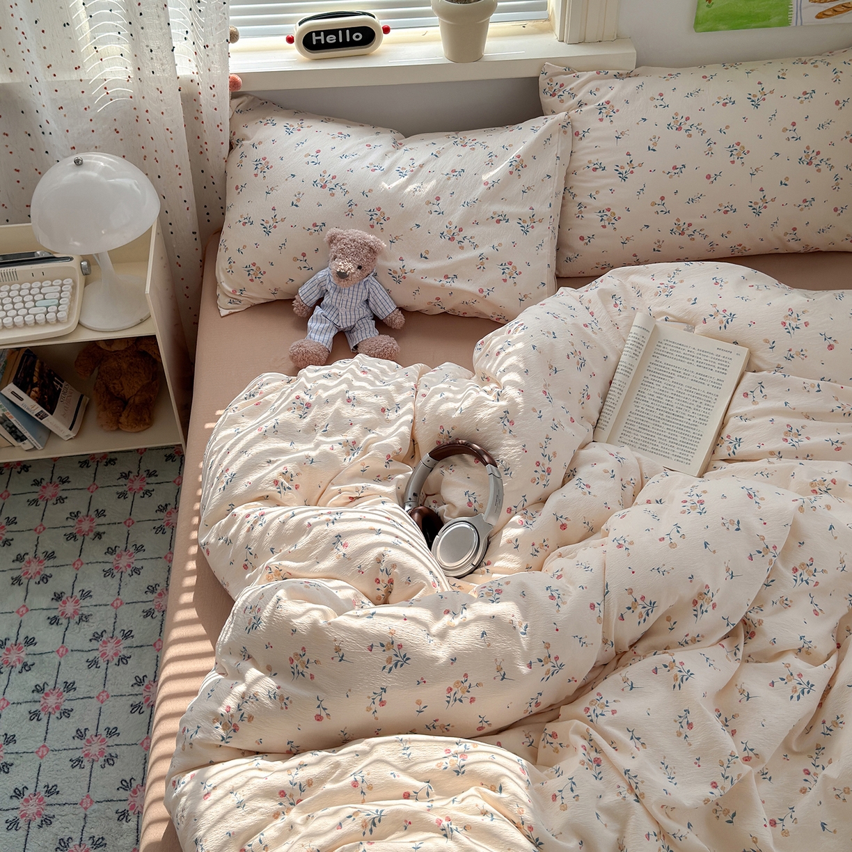 91家纺网 家纺一手货源 找家纺 沐芷 2025 A类木棉双层纱简约风床上四件套柔软手感宿舍三件套 梦里花园