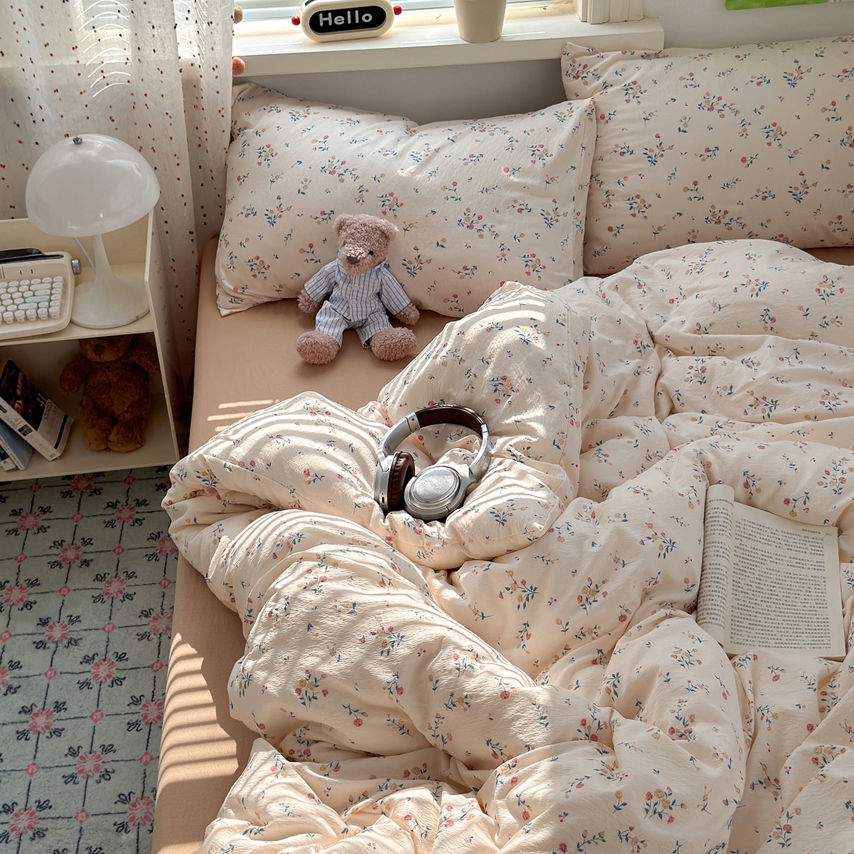 91家纺网 家纺一手货源 找家纺 沐芷 2025 A类木棉双层纱简约风床上四件套柔软手感宿舍三件套 梦里花园