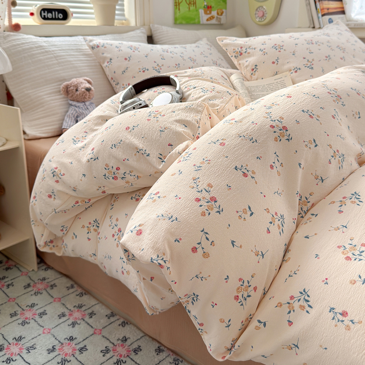 91家纺网 家纺一手货源 找家纺 沐芷 2025 A类木棉双层纱简约风床上四件套柔软手感宿舍三件套 梦里花园