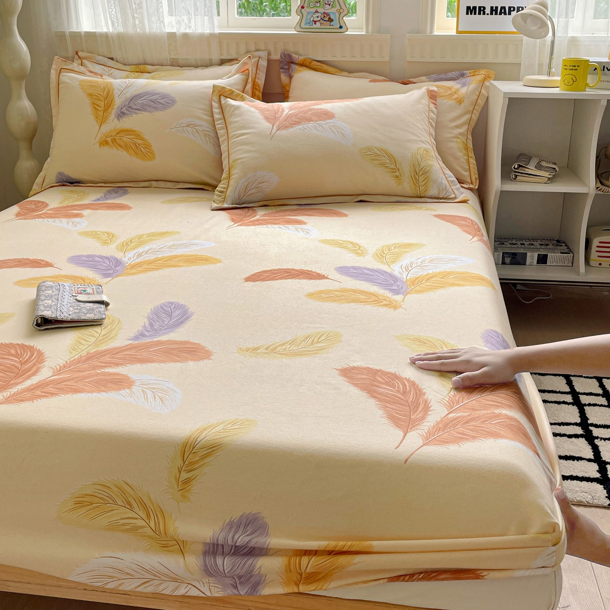 91家纺网 家纺一手货源 找家纺 纽缦家纺 2025新款全棉纯棉磨毛印花单床笠 床笠单件 加州阳光米