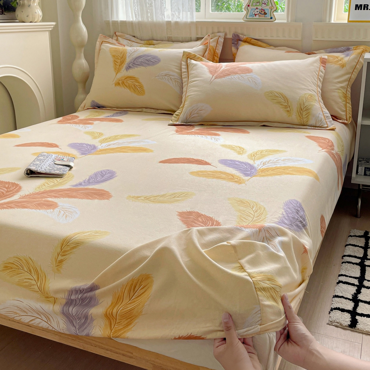 91家纺网 家纺一手货源 找家纺 纽缦家纺 2025新款全棉纯棉磨毛印花单床笠 床笠单件 加州阳光米