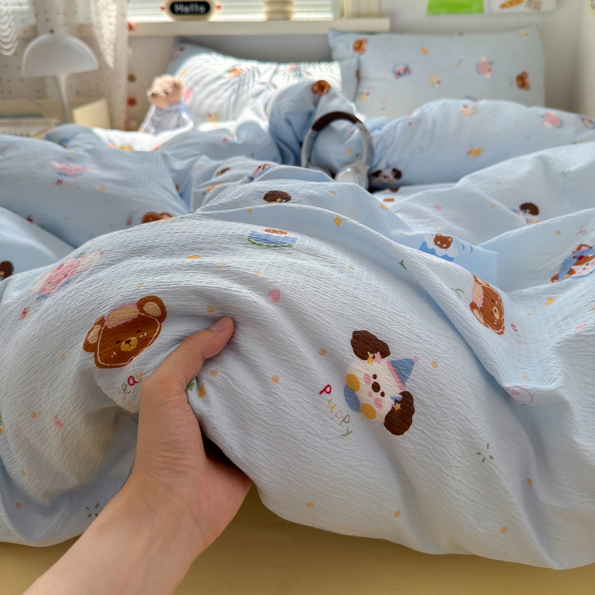 91家纺网 家纺一手货源 找家纺 沐芷 2025 A类木棉双层纱简约风床上四件套柔软手感宿舍三件套 生日宴会