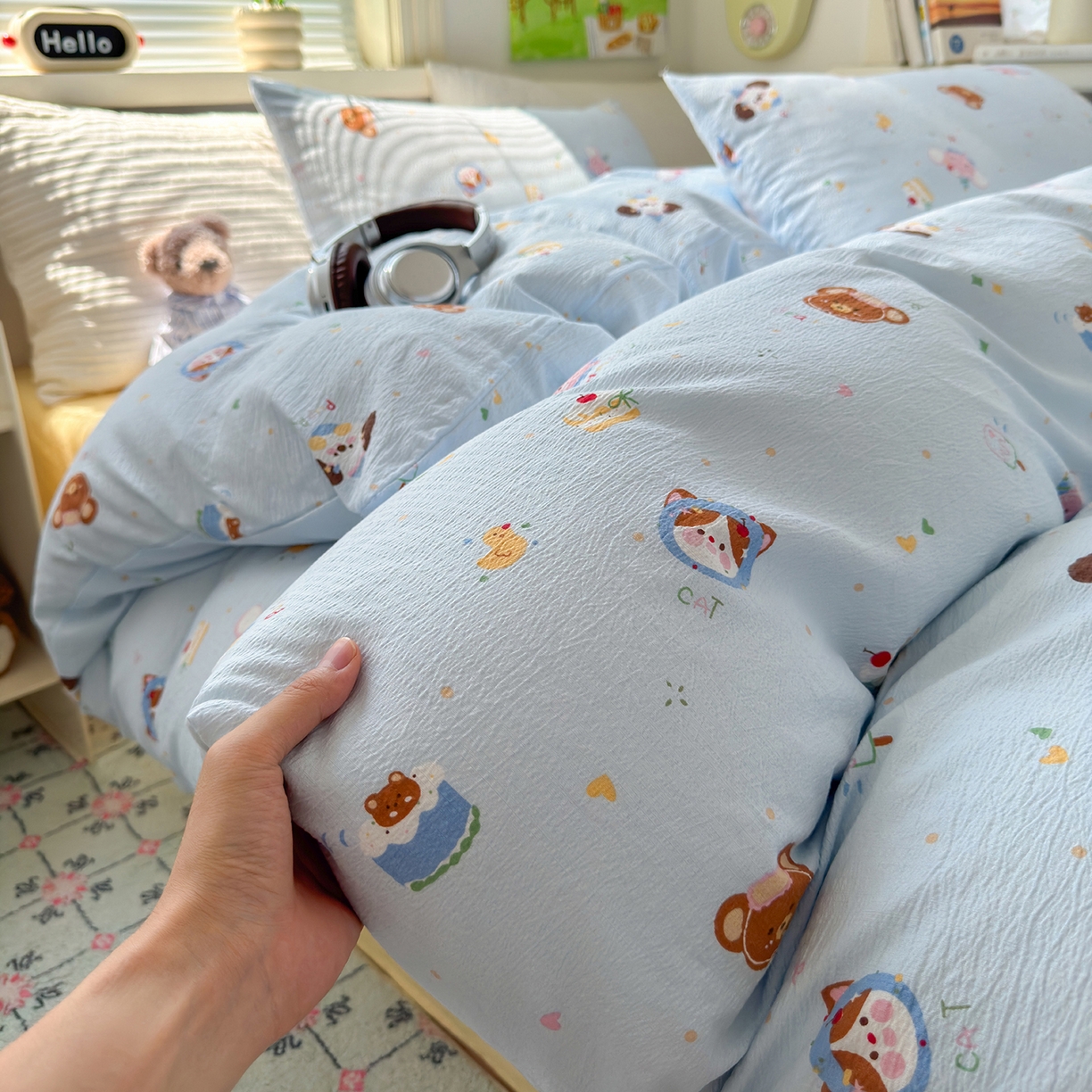 91家纺网 家纺一手货源 找家纺 沐芷 2025 A类木棉双层纱简约风床上四件套柔软手感宿舍三件套 生日宴会