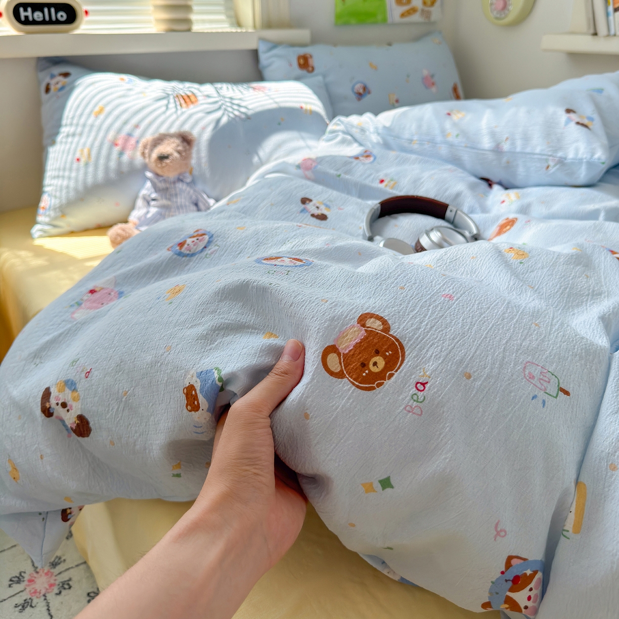 91家纺网 家纺一手货源 找家纺 沐芷 2025 A类木棉双层纱简约风床上四件套柔软手感宿舍三件套 生日宴会