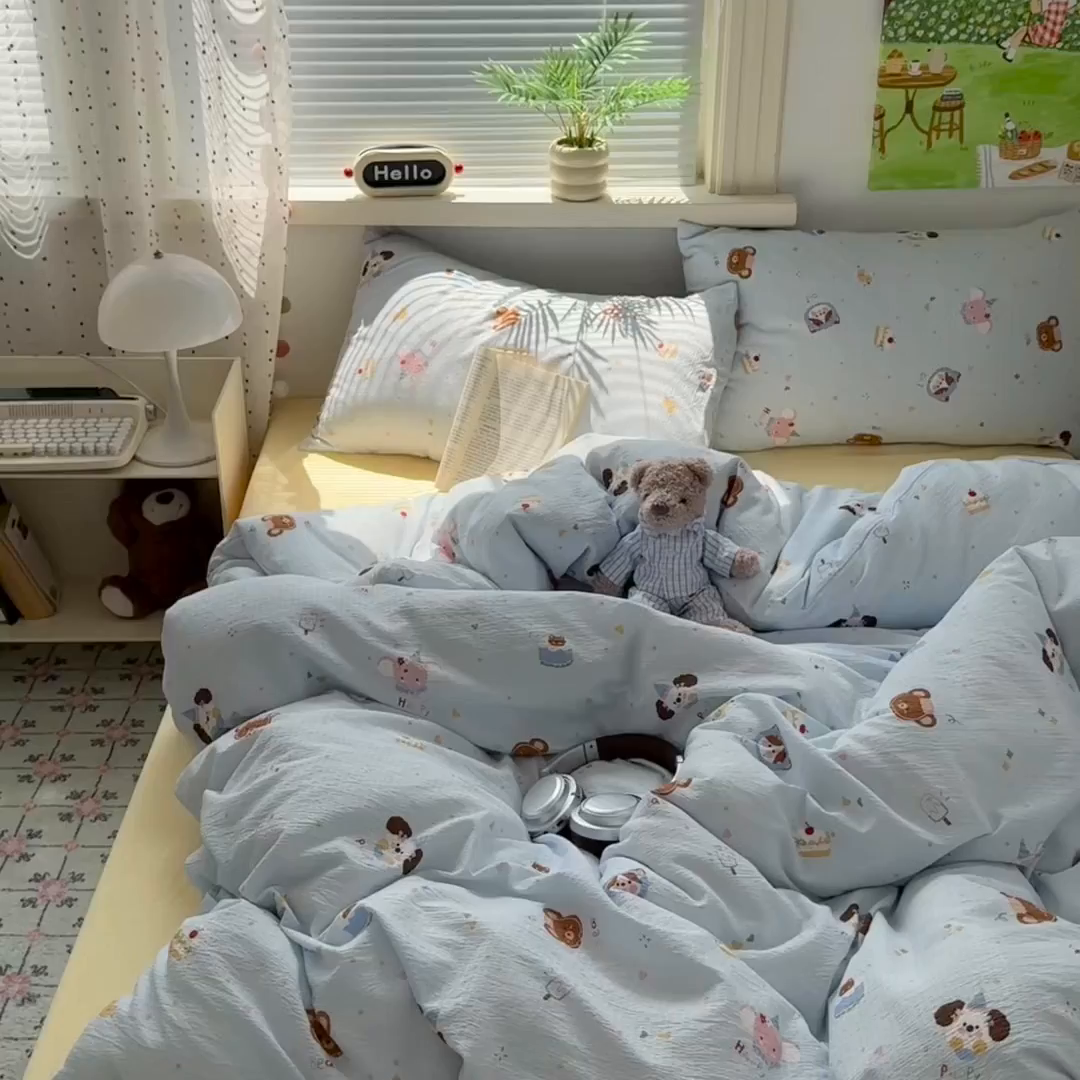 91家纺网 家纺一手货源 找家纺 沐芷 2025 A类木棉双层纱简约风床上四件套柔软手感宿舍三件套 生日宴会