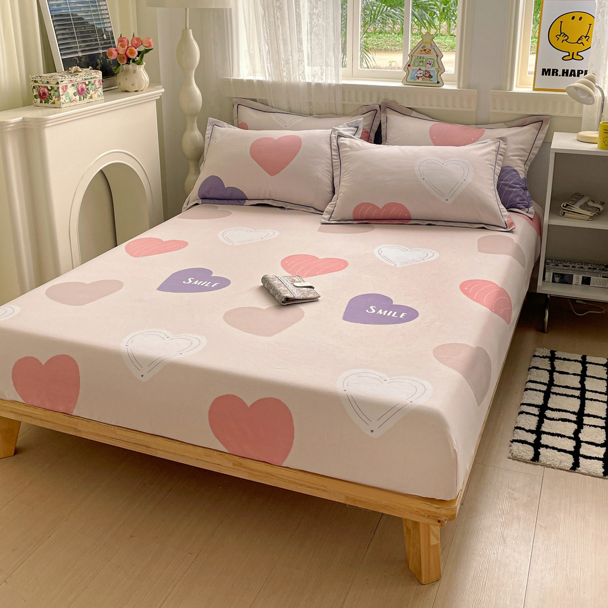 91家纺网 家纺一手货源 找家纺 纽缦家纺 2025新款全棉纯棉磨毛印花单床笠 床笠单件 浪漫心事粉