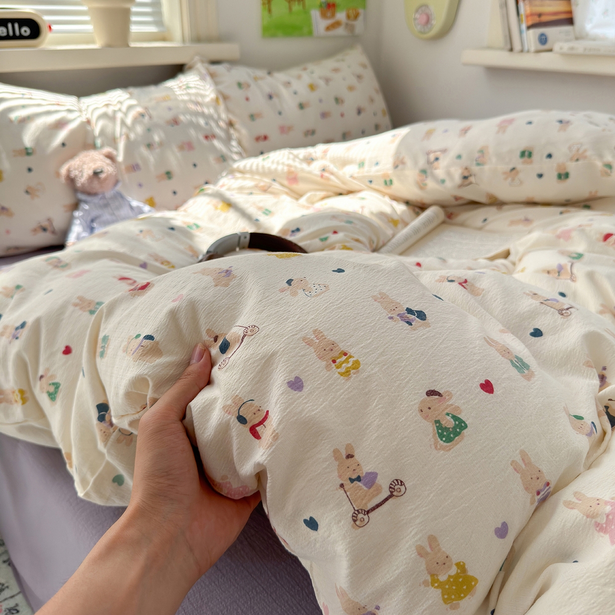 沐芷 2025 A类木棉双层纱简约风床上四件套柔软手感宿舍三件套 兔子世界