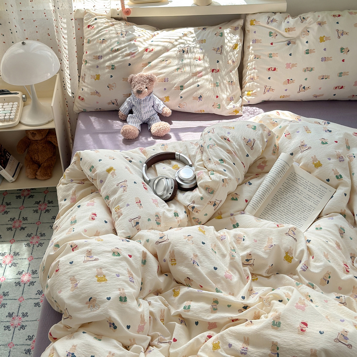 91家纺网 家纺一手货源 找家纺 沐芷 2025 A类木棉双层纱简约风床上四件套柔软手感宿舍三件套 兔子世界