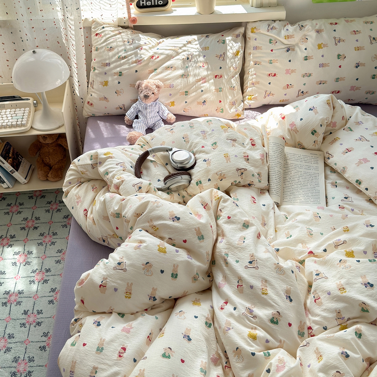 91家纺网 家纺一手货源 找家纺 沐芷 2025 A类木棉双层纱简约风床上四件套柔软手感宿舍三件套 兔子世界