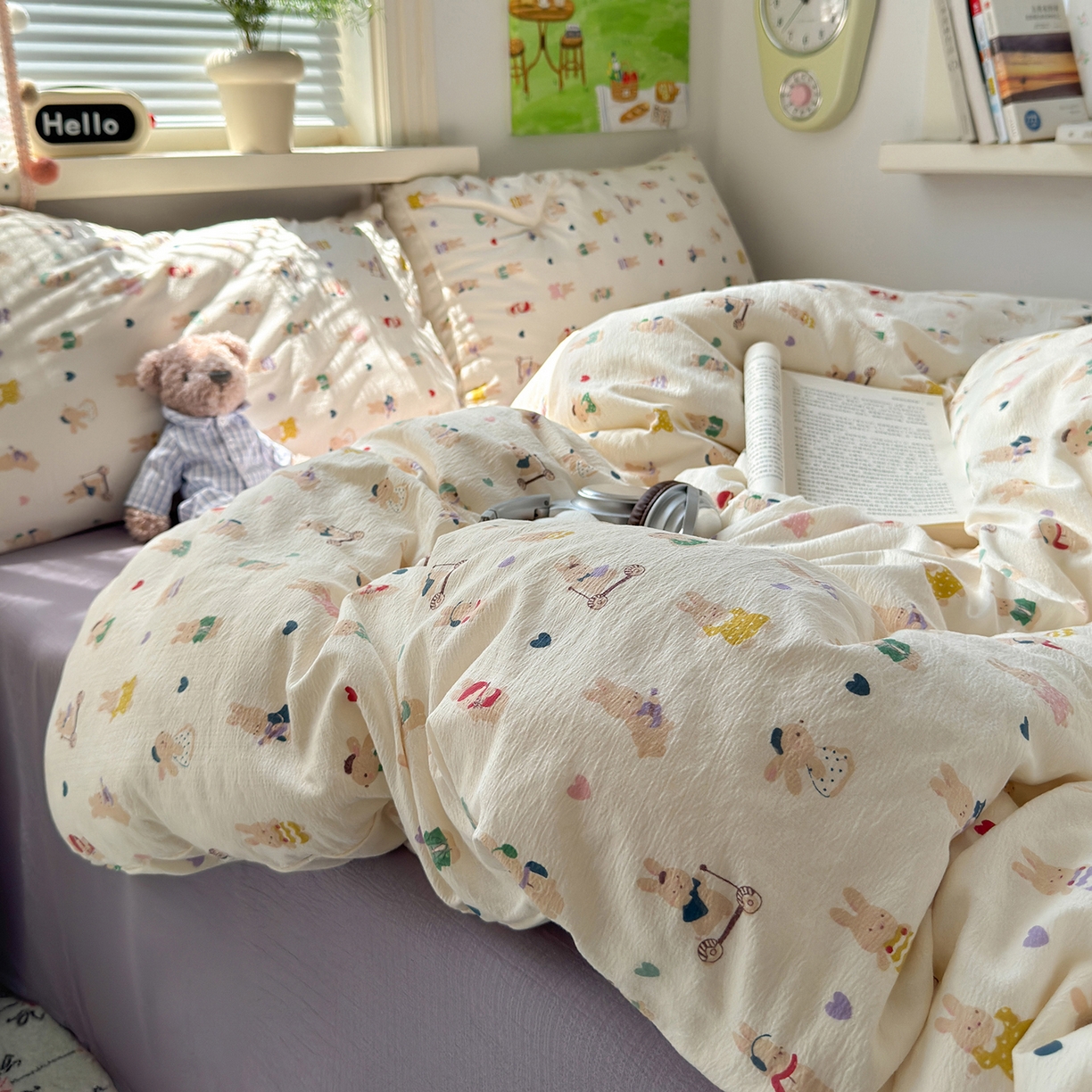 91家纺网 家纺一手货源 找家纺 沐芷 2025 A类木棉双层纱简约风床上四件套柔软手感宿舍三件套 兔子世界