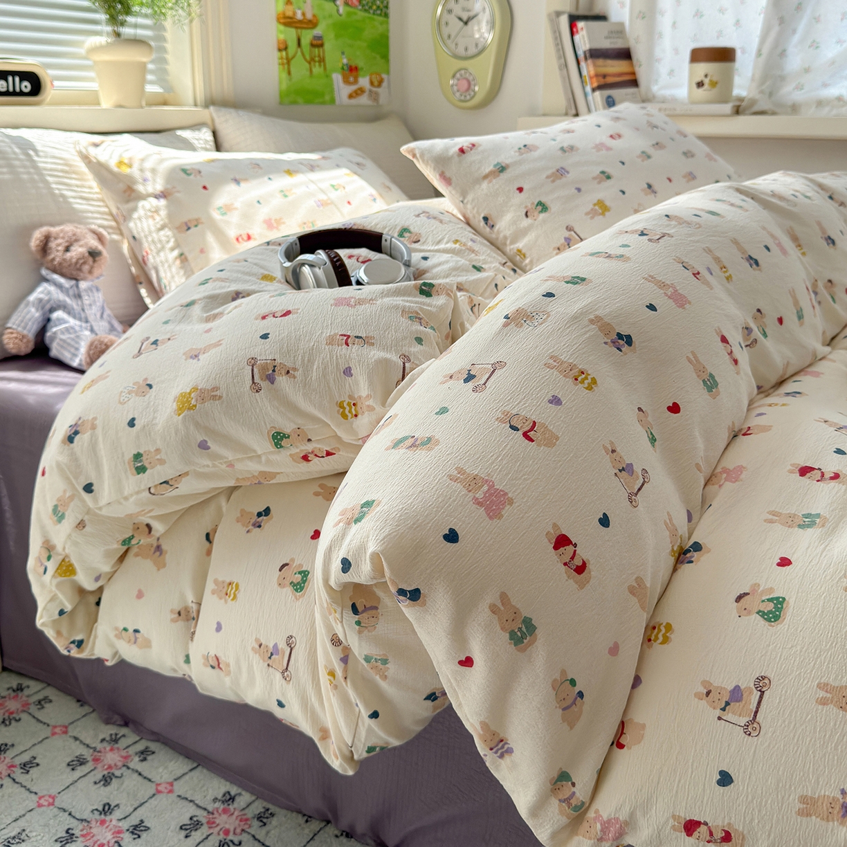 91家纺网 家纺一手货源 找家纺 沐芷 2025 A类木棉双层纱简约风床上四件套柔软手感宿舍三件套 兔子世界