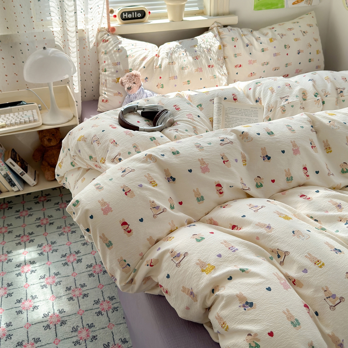 91家纺网 家纺一手货源 找家纺 沐芷 2025 A类木棉双层纱简约风床上四件套柔软手感宿舍三件套 兔子世界