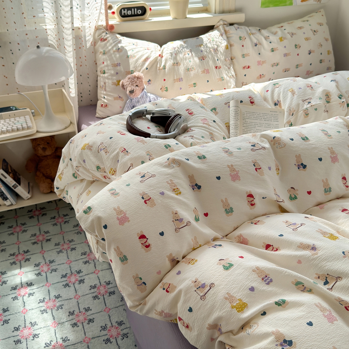 91家纺网 家纺一手货源 找家纺 沐芷 2025 A类木棉双层纱简约风床上四件套柔软手感宿舍三件套 兔子世界