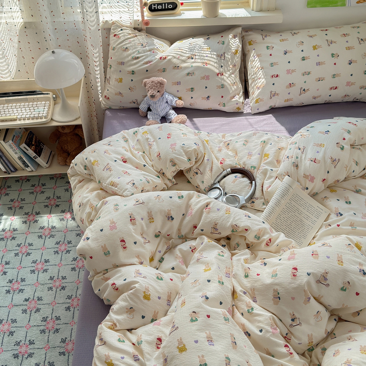 91家纺网 家纺一手货源 找家纺 沐芷 2025 A类木棉双层纱简约风床上四件套柔软手感宿舍三件套 兔子世界