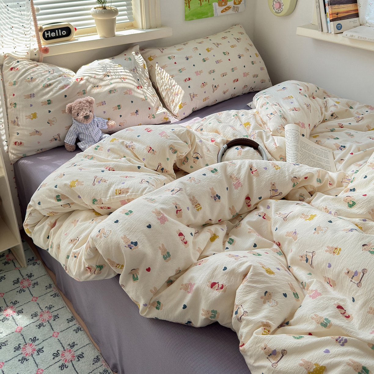 91家纺网 家纺一手货源 找家纺 沐芷 2025 A类木棉双层纱简约风床上四件套柔软手感宿舍三件套 兔子世界