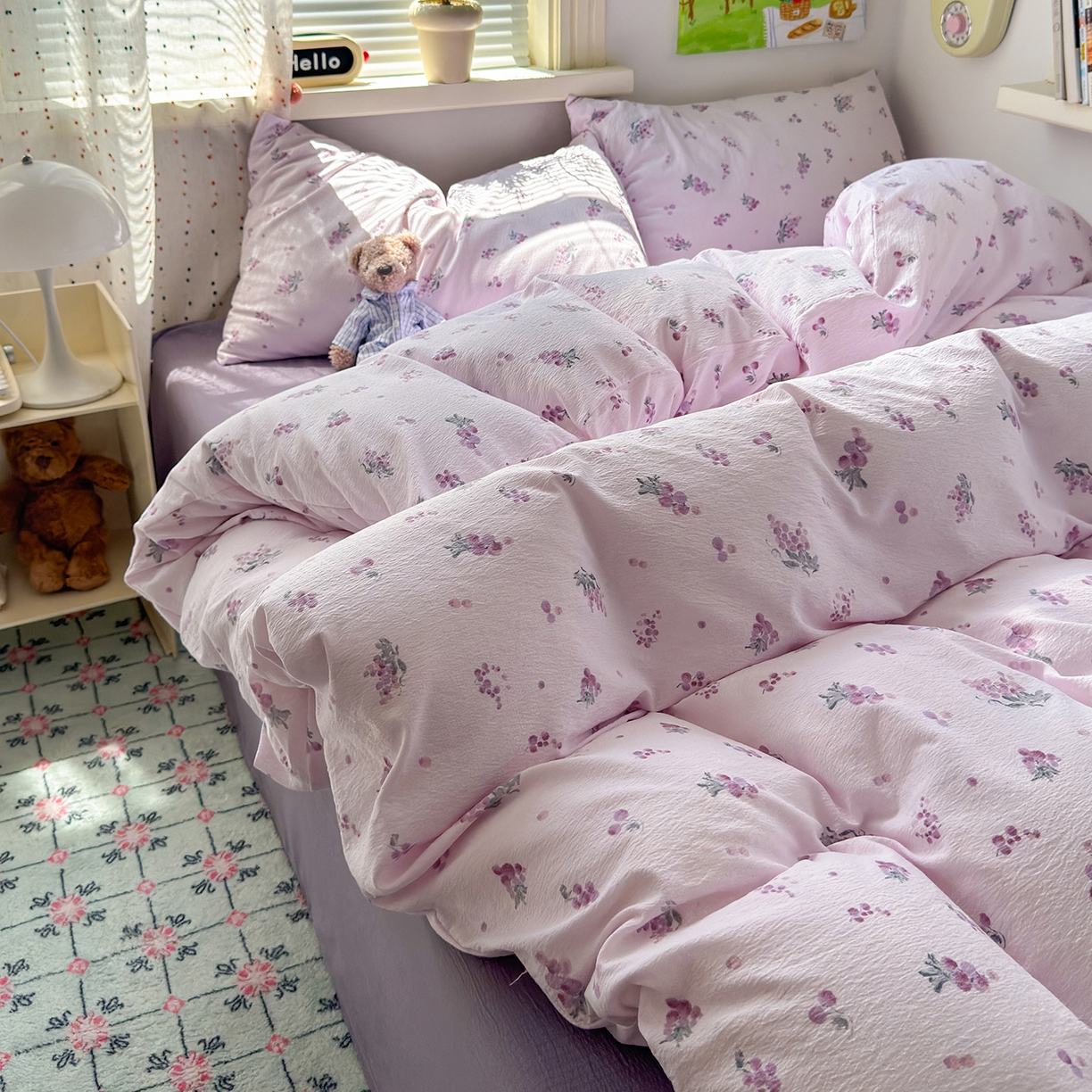 91家纺网 家纺一手货源 找家纺 沐芷 2025 A类木棉双层纱简约风床上四件套柔软手感宿舍三件套 夏日葡萄