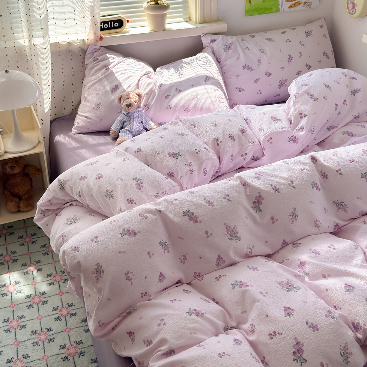 91家纺网 家纺一手货源 找家纺 沐芷 2025 A类木棉双层纱简约风床上四件套柔软手感宿舍三件套 夏日葡萄