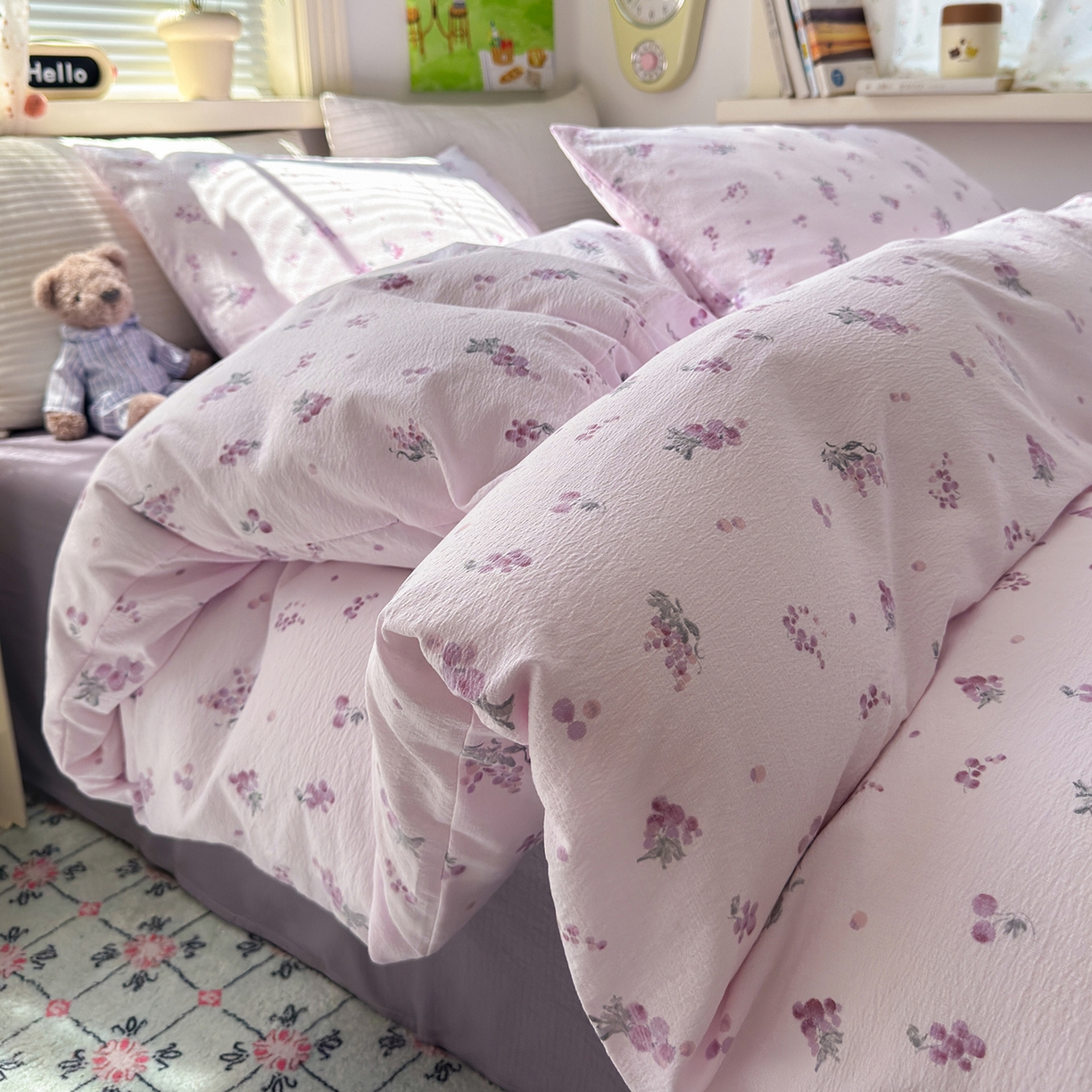 91家纺网 家纺一手货源 找家纺 沐芷 2025 A类木棉双层纱简约风床上四件套柔软手感宿舍三件套 夏日葡萄