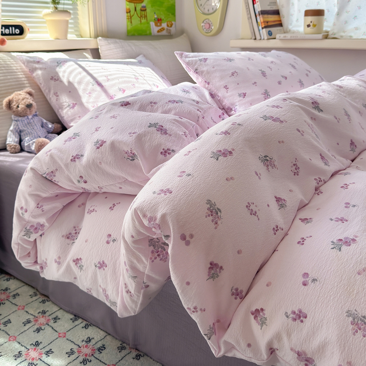 91家纺网 家纺一手货源 找家纺 沐芷 2025 A类木棉双层纱简约风床上四件套柔软手感宿舍三件套 夏日葡萄