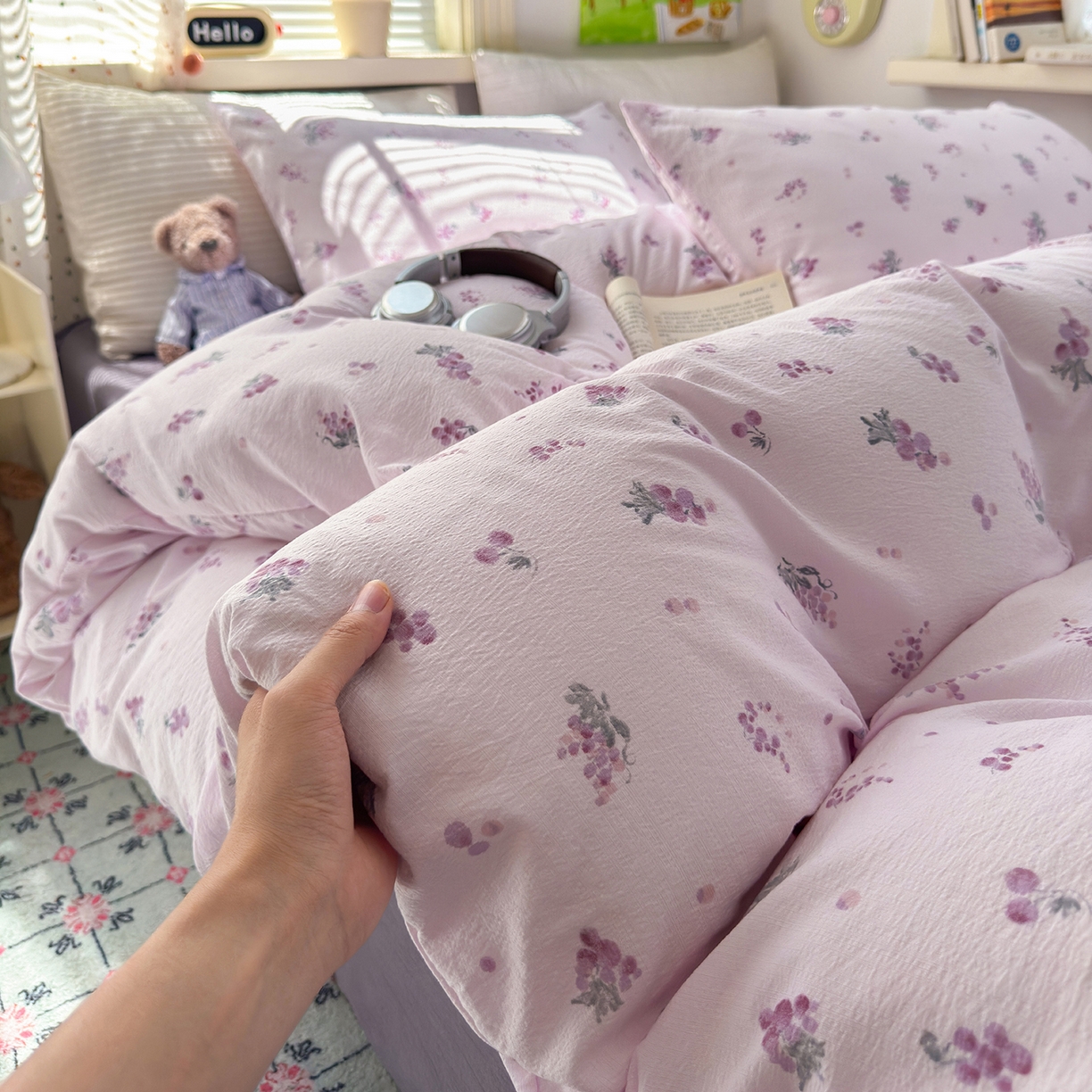 91家纺网 家纺一手货源 找家纺 沐芷 2025 A类木棉双层纱简约风床上四件套柔软手感宿舍三件套 夏日葡萄