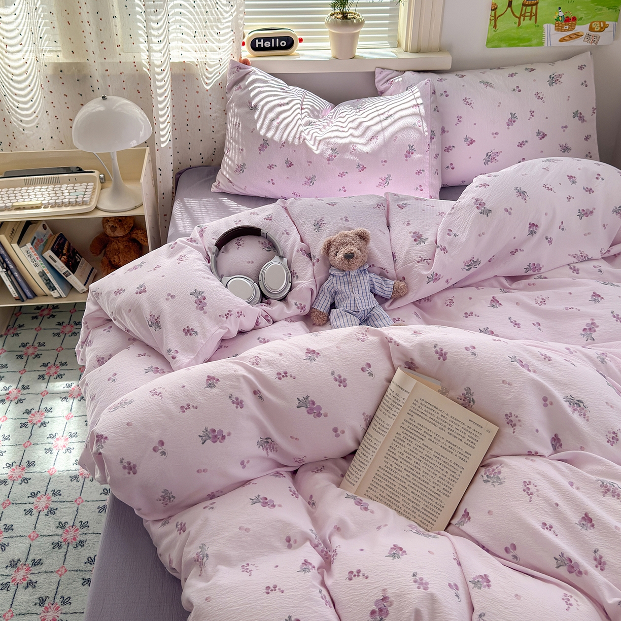 91家纺网 家纺一手货源 找家纺 沐芷 2025 A类木棉双层纱简约风床上四件套柔软手感宿舍三件套 夏日葡萄