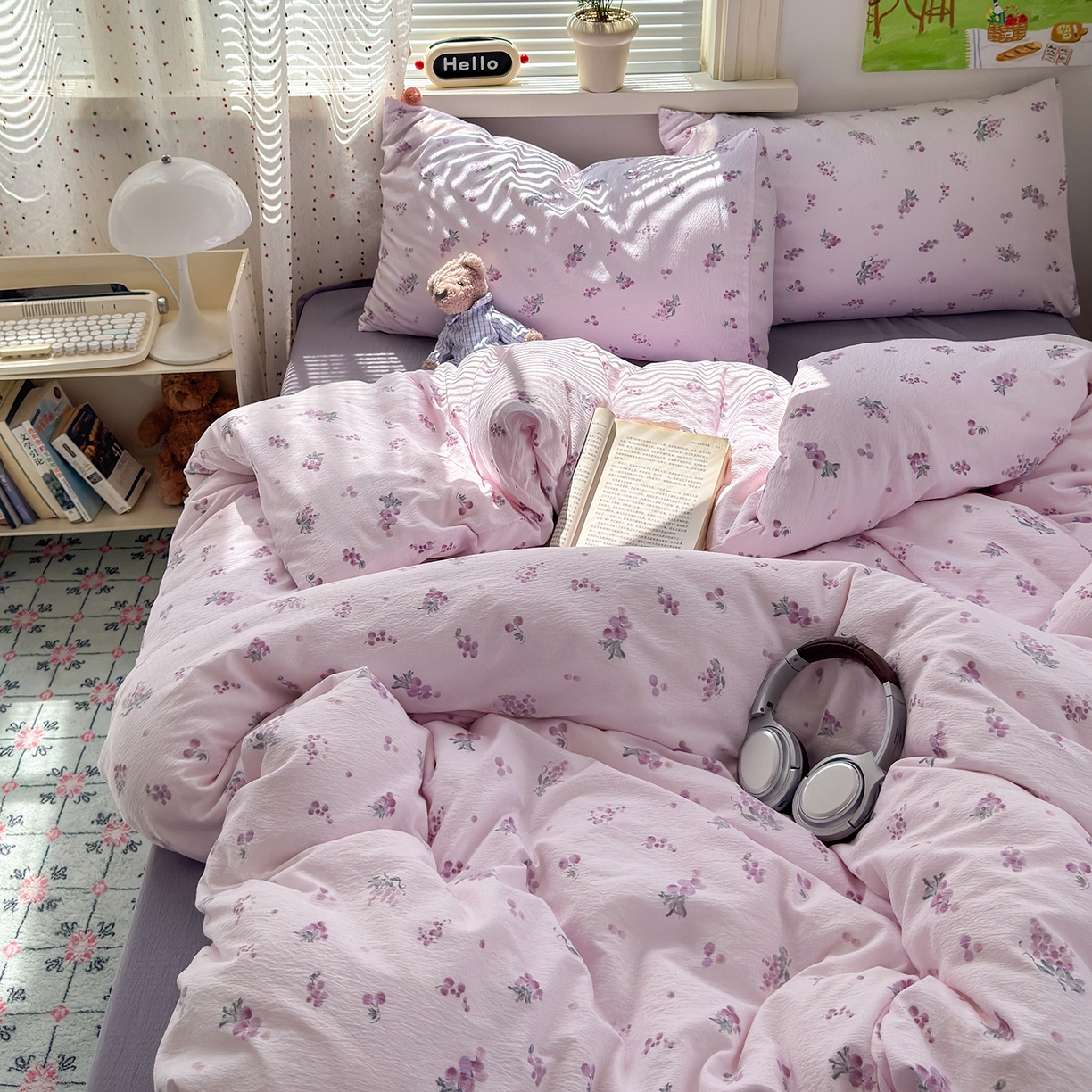 91家纺网 家纺一手货源 找家纺 沐芷 2025 A类木棉双层纱简约风床上四件套柔软手感宿舍三件套 夏日葡萄