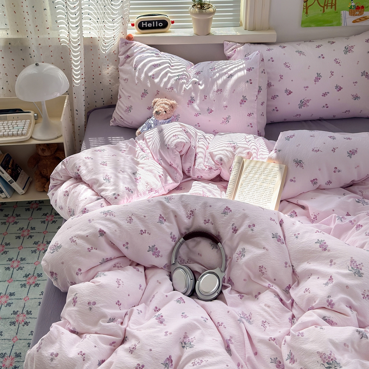 91家纺网 家纺一手货源 找家纺 沐芷 2025 A类木棉双层纱简约风床上四件套柔软手感宿舍三件套 夏日葡萄